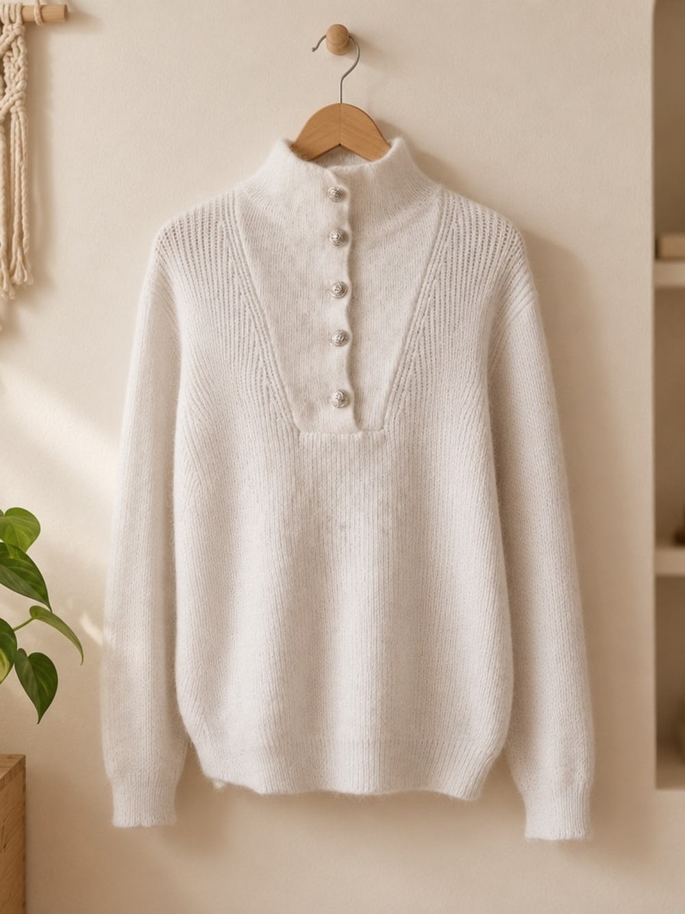 Women's Cream Button-Up Funnel Neck Sweater